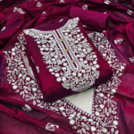 Wine Floral Embroidered Chanderi Cotton Dress Material