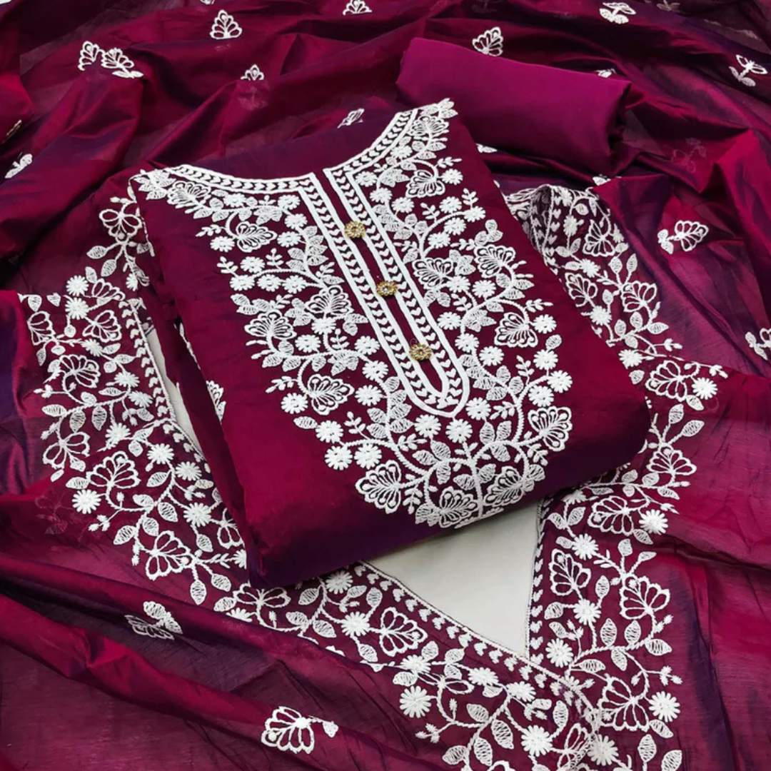 1-5-1.png Wine Floral Embroidered Chanderi Cotton Dress Material - Image 1