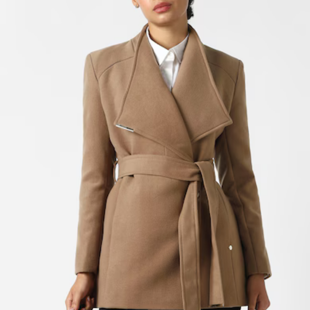 1-6-1.png Women Beige Solid Belted Trench Coat - Image 1