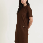 Round Neck Shift Dress – Brown - Image 2