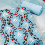 Elegant Blue Organza Dress Material Ensemble With Exquisite Floral Embroidery - Image 2