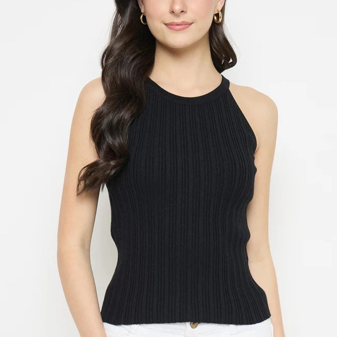 11-1.png Black Viscose Blend Halter Neck Knitted Top - Image 1