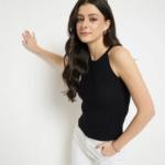 Black Viscose Blend Halter Neck Knitted Top - Image 2