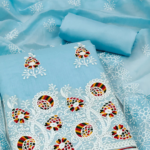 Blue Floral Embroidered Chanderi Cotton Dress Material - Image 2