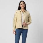 Women Cream Solid Denim Jacket - Image 2