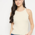 Beige Viscose Blend Halter Neck Top