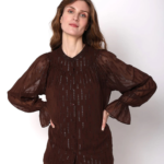 Dark Brown Lurex Sheer Sleeves Top