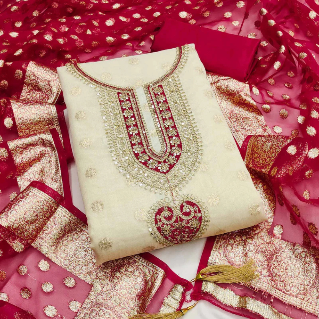 15-5.png Cream & Red Butti Weaving Shimmer Dress Material with Cording Embroidery - Image 1