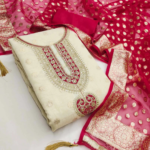 Cream & Red Butti Weaving Shimmer Dress Material with Cording Embroidery - Image 2