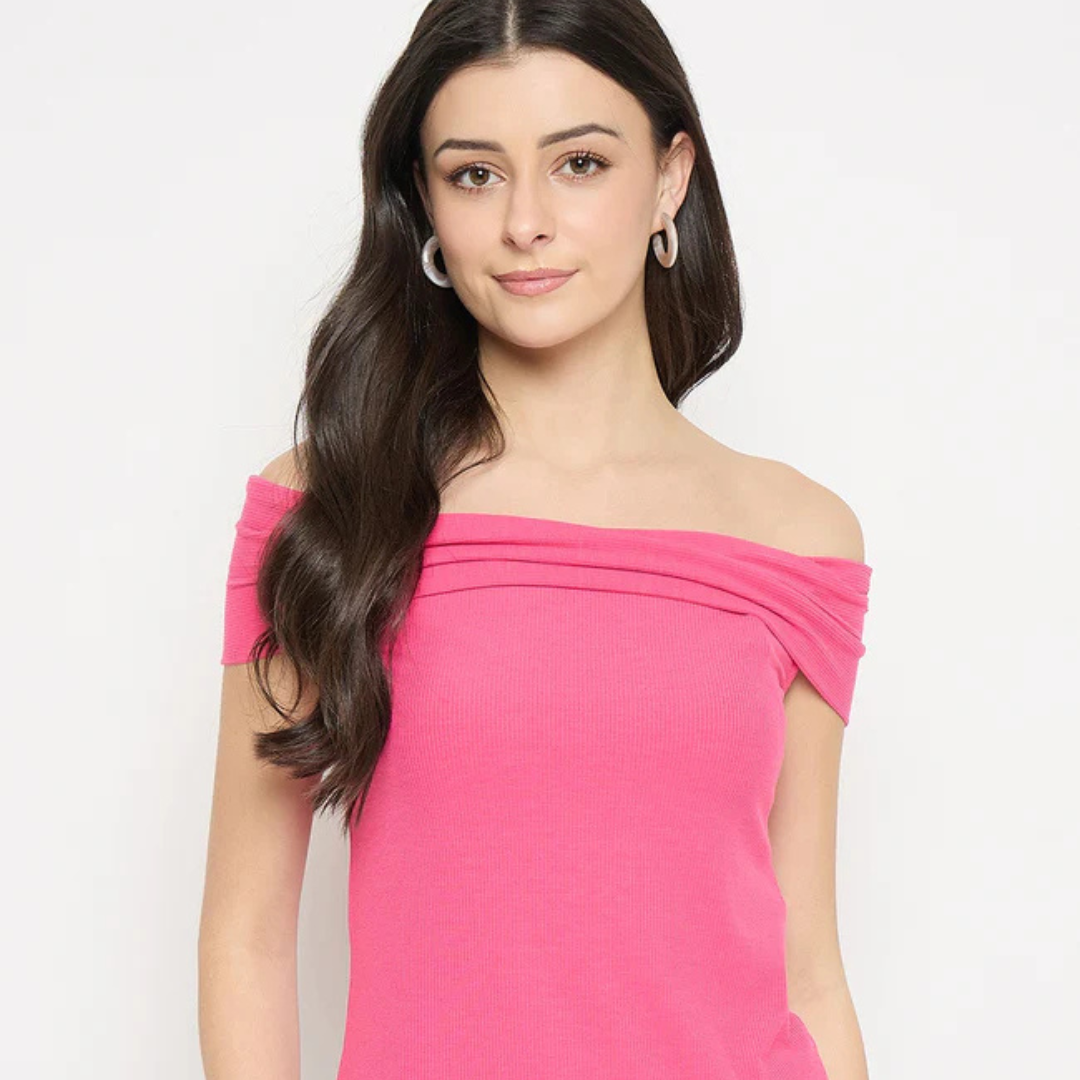 19-1.png Hot Pink Rayon Blend Off-Sleeve Top - Image 1