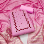 Pink Floral Embroidery Cotton Blend Dress Material with Sequins