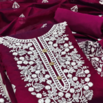 Wine Floral Embroidered Chanderi Cotton Dress Material - Image 2