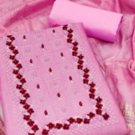 Pink Floral Embroidery Cotton Blend Dress Material with Sequins - Image 2