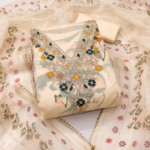 Cream Chanderi Silk Dress Material with Digital Floral Print & Cording Embroidery