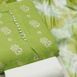 Green Floral Printed Cotton Blend Dress Material - Image 2