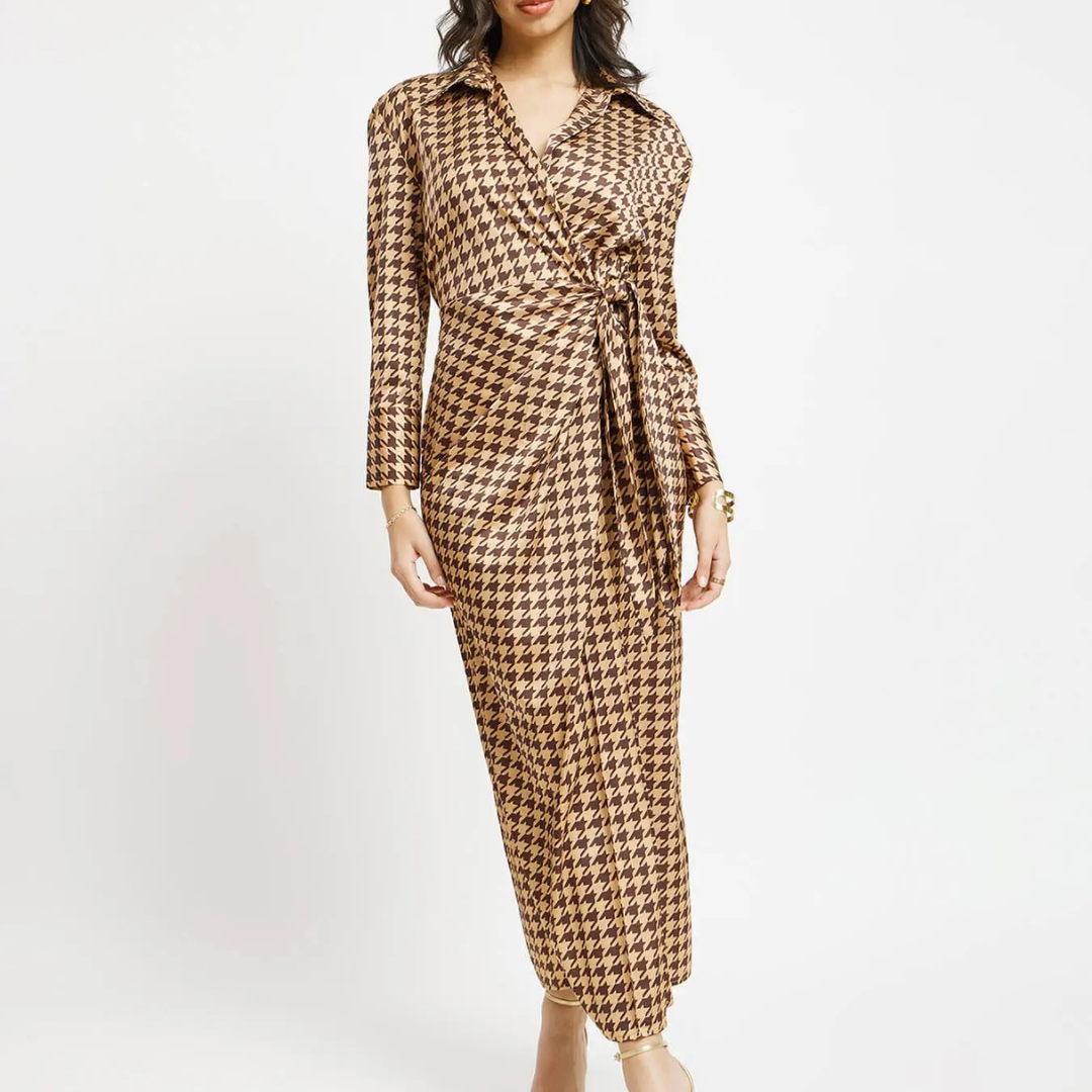 29-1.png Satin Houndstooth Print Wrap Dress – Brown And Gold - Image 1