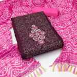 Wine Floral Embroidered Cotton Blend Dress Material with Sequins