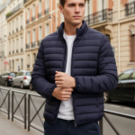 Men Navy Blue Solid Regular Fit Polyester Jackets