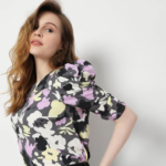 Grey Abstract Print Puff Sleeves Top