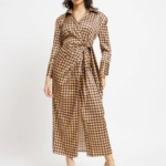 Satin Houndstooth Print Wrap Dress – Brown And Gold - Image 2