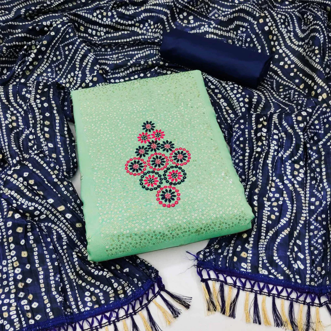 33-2.png Sea Green Floral Embroidered Cotton Blend Dress Material Adorned With Sparkling Sequins Work - Image 1