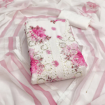 White & Pink Floral Sequins Embroidered Georgette Dress Material With Artistic Digital Prints