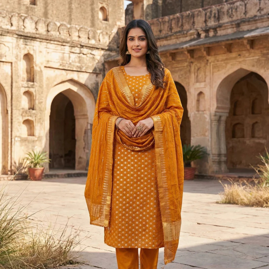37-2.png Mustard Floral Woven With Sequins Embroidered Banarasi Jacquard Dress Material - Image 1