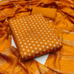 Mustard Floral Woven With Sequins Embroidered Banarasi Jacquard Dress Material - Image 2