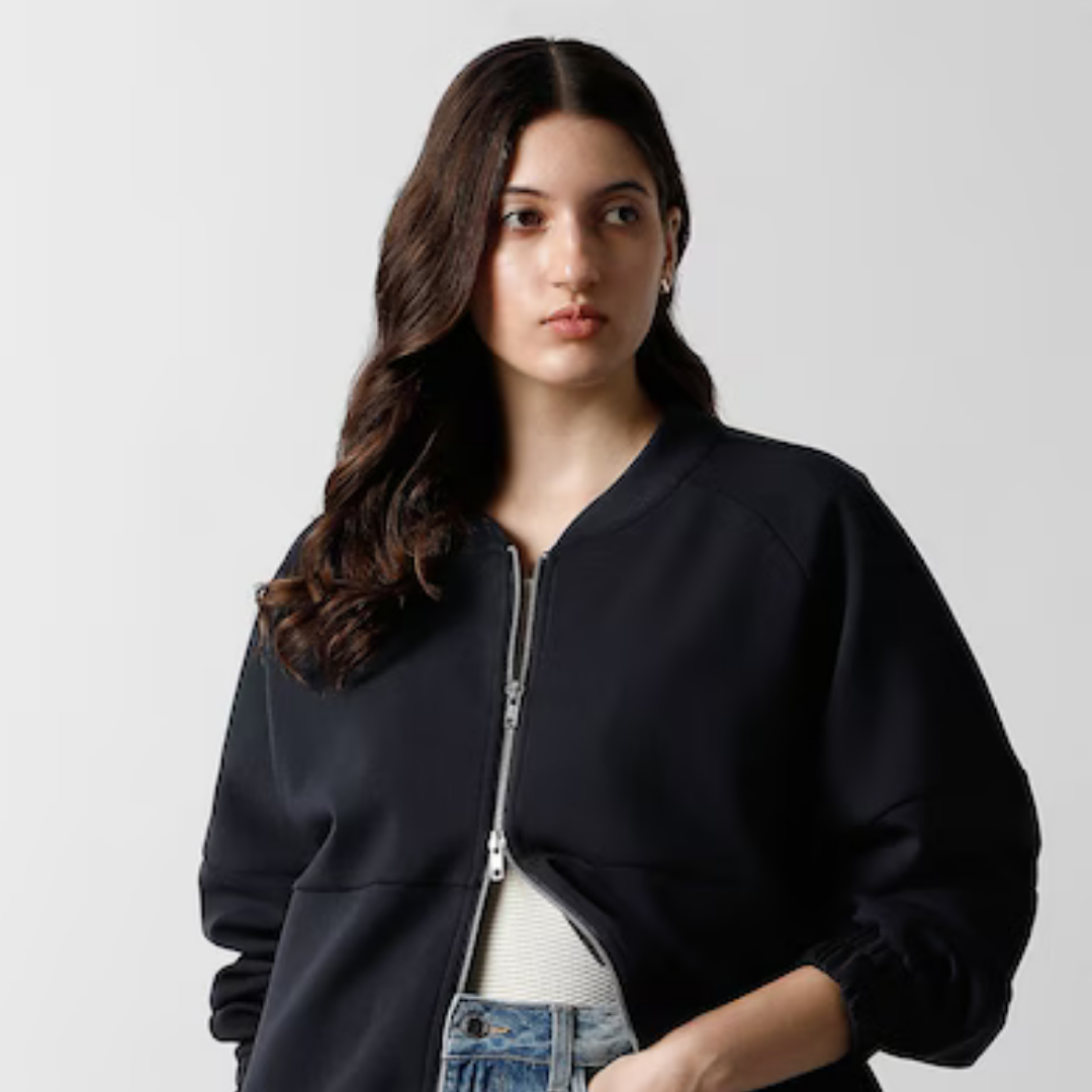 39-3.png Women Navy Solid Stretchable Bomber Jacket - Image 1