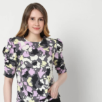 Grey Abstract Print Puff Sleeves Top - Image 2