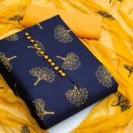 Navy Blue Printed Cotton Blend Dress Material - Image 2