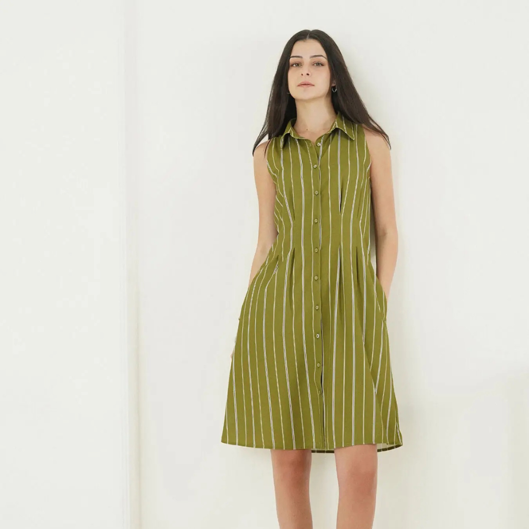41.png Striped Fit and Flare Dress – Olive - Image 1