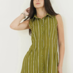 Striped Fit and Flare Dress – Olive - Image 2
