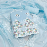 Elegant Sky Blue Floral Thread Embroidered Chanderi Silk Dress Material