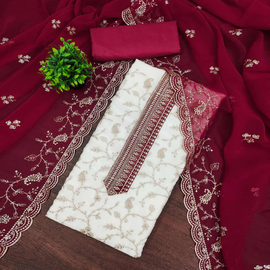 45-1.png White & Pink Georgette Dress Material Showcasing Elegant Floral Thread Embroidery Work - Image 1