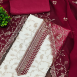 White & Pink Georgette Dress Material Showcasing Elegant Floral Thread Embroidery Work - Image 2