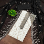 White & Black Georgette Dress Material Showcasing Elegant Floral Thread Embroidery Work