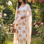 White & Orange Floral Sequins Embroidered Georgette Dress Material With Artistic Digital Prints