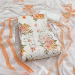 White & Orange Floral Sequins Embroidered Georgette Dress Material With Artistic Digital Prints - Image 2