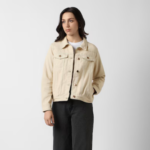 Women Beige Solid Denim Jacket - Image 2