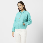 Women Blue Stripe Casual Jacket - Image 2