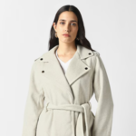 Women Grey Solid Belted Trench Coat