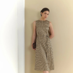 Geometric Print A-Line Dress – Beige