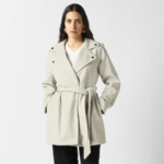 Women Beige Solid Belted Trench Coat - Image 2