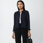 Women Navy Textured Casual Jacket - Image 2