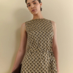 Geometric Print A-Line Dress – Beige - Image 2