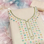 Off White Designer Chanderi Dress Material with Intricate Thread Embroidery Detailing - Image 2