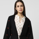 Women Black Embroidered Casual Jacket