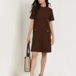 Round Neck Shift Dress – Brown