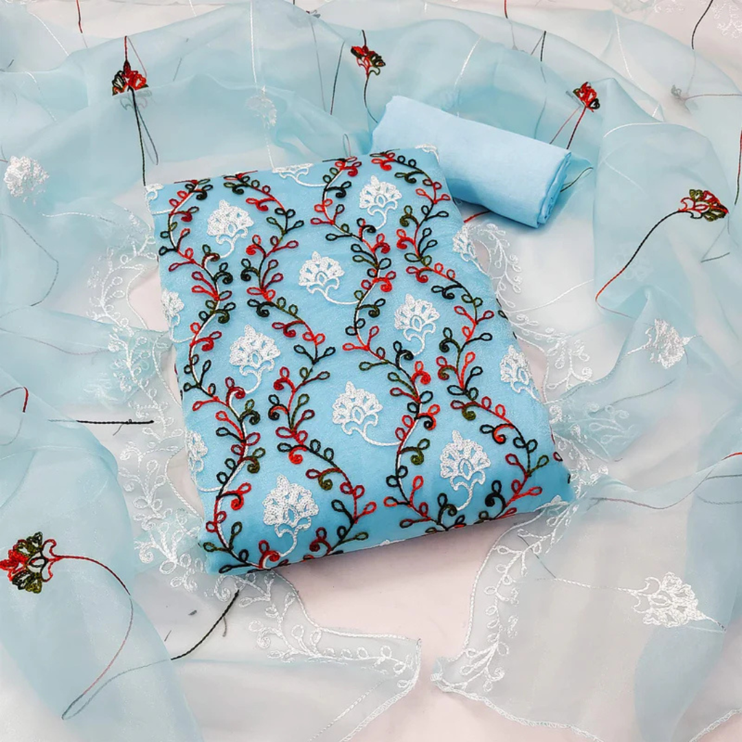 9-5.png Elegant Blue Organza Dress Material Ensemble With Exquisite Floral Embroidery - Image 1